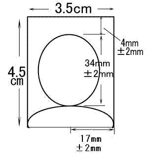 証明写真：縦4.5×横3.5、上辺から4mm(+-2mm)の位置に頭部、頭の大きさ34mm(+-2mm)、中心から肩までの長さ17mm(+-2mm)